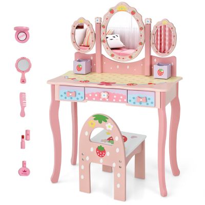 Costzon Kids Vanity Table & Chair Set, 2 in 1 Princess Makeup Dressing Table w/Detachable Top, Toddler Vanity w/Tri-fold Mirror, Drawers & Accessories, Vanity Set for Little Girls, Pink