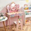 Costzon Kids Vanity Table & Chair Set, 2 in 1 Princess Makeup Dressing Table w/Detachable Top, Toddler Vanity w/Tri-fold Mirror, Drawers & Accessories, Vanity Set for Little Girls, Pink view 2
