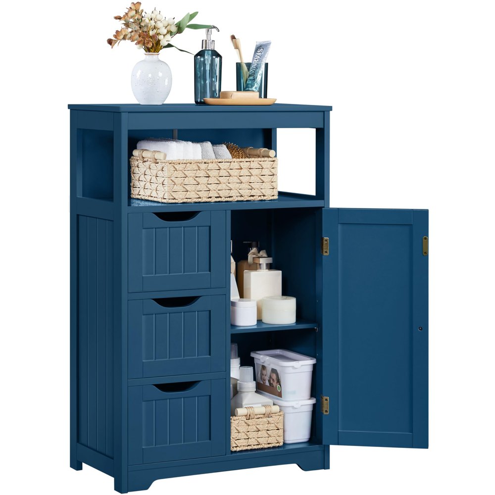 Yaheetech Bathroom Floor Cabinet, Free Standing Wooden Storage Organizer Multiple Tiers Storage Living Room Cabinet, Navy Blue