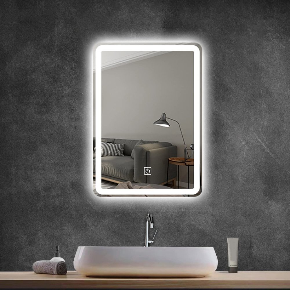 LIGUOYI Bathroom Rounded Corner Rectangle Mirror,Led Lighting Mirror,28"/32"/47" Backlit Makeup Mirror with Touch Dimmer Switch 3000-6000K,Decorative Wall Mounted Mirror,Adjustable Brightness