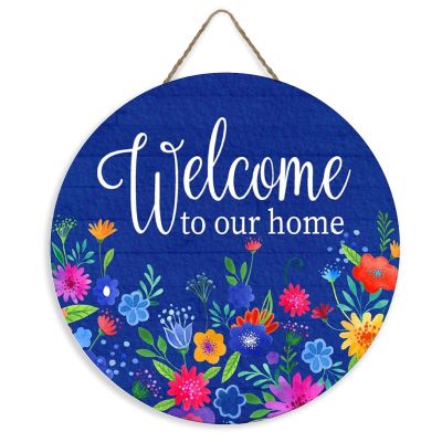 ArogGeld Welcome to Our Home Circle Wood Sign Blue Floral Christmas Wreath Wooden Sign Christmas Wood Hanging Sign Wall Art Home Decoration for Front Door Garden Porch Bedroom