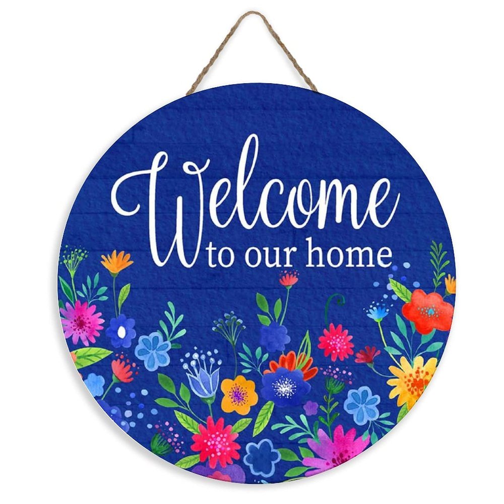 ArogGeld Welcome to Our Home Circle Wood Sign Blue Floral Christmas Wreath Wooden Sign Christmas Wood Hanging Sign Wall Art Home Decoration for Front Door Garden Porch Bedroom