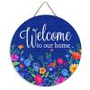 ArogGeld Welcome to Our Home Circle Wood Sign Blue Floral Christmas Wreath Wooden Sign Christmas Wood Hanging Sign Wall Art Home Decoration for Front Door Garden Porch Bedroom view 1