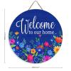 ArogGeld Welcome to Our Home Circle Wood Sign Blue Floral Christmas Wreath Wooden Sign Christmas Wood Hanging Sign Wall Art Home Decoration for Front Door Garden Porch Bedroom view 2