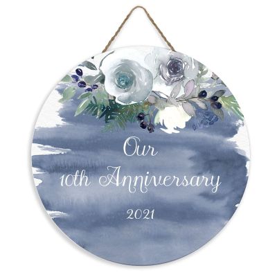 ArogGeld Our 10th Anniversary Circle Wood Sign Floral Tenth Year Married Wooden Sign Christmas Wood Hanging Sign Wall Art Home Decoration for Front Door Garden Porch Bedroom