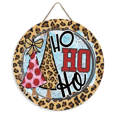 ArogGeld Ho Ho Ho Christmas Circle Wood Sign Leopard Pink and Red Wooden Sign Christmas Wood Hanging Sign Wall Art Home Decoration for Front Door Garden Porch Bedroom