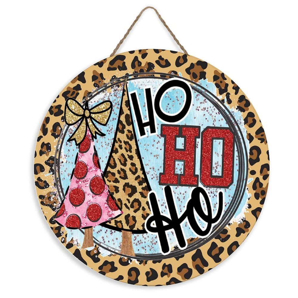 ArogGeld Ho Ho Ho Christmas Circle Wood Sign Leopard Pink and Red Wooden Sign Christmas Wood Hanging Sign Wall Art Home Decoration for Front Door Garden Porch Bedroom