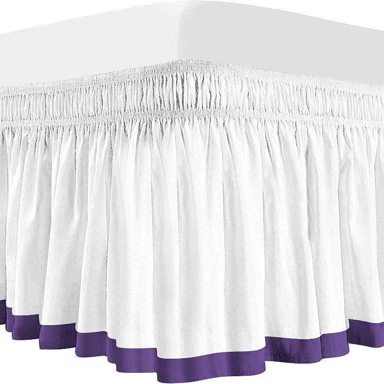 100% Egyptian Cotton, 800 Thread Count, White/Purple Split Corner Two Tone Wrap Around Dorm Room Bed Skirt with Three Side Coverage in Full Size (54" x 80"+ 32")