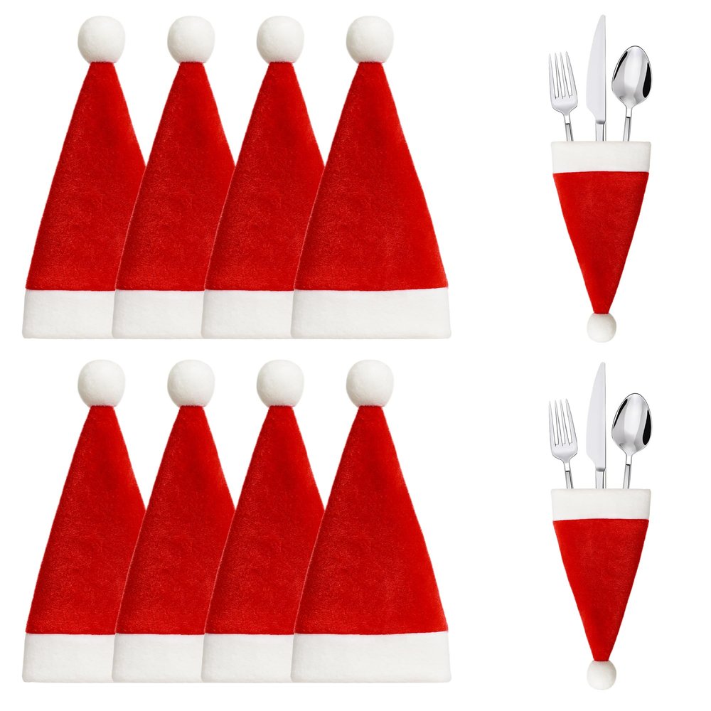 WedDecor Christmas Dinner Table Decoration Stockings Silverware Cutlery Holders Pockets for Xmas Party Dinner Decoration Santa Clause Red Hat, Pack of 4