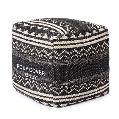 REDEARTH  UNSTUFFED Pouf Ottoman Cover Textured Storage Cube Bean Bag Poof Pouffe Footrest for Living Room, Bedroom, Patio, Gym; 100% Cotton (18"X18"X18", Ziggurat Obsession Black)