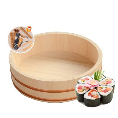 TYRHMY Wooden Sushi Rice Bowl, Free Sushi Tools Sushi Making Kit Copper Rim Solid White Solid Wood Barrel,52 * 14cm