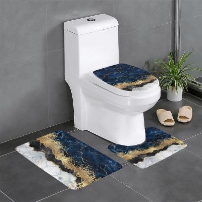 Abstract Blue White Texture Marble 3 Piece Bath Mat Set Golden Powder Navy Ocean Waves Marble Bathroom Rug Non Slip Shower Rugs Extra Soft Floor Mats Toilet Contour Mat Lid Cover