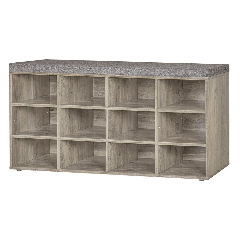 DINZI LVJ Shoe Bench, 12 Cubbies Shoe Organizer for Entryway, Storage Bench with Cushion, Cubby Shoe Rack with Adjustable Shelves for Living Room, Bedroom, Mudroom, Hallway, Gray Wash