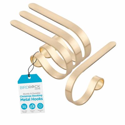 BIRDROCK HOME Christmas Stocking Mantel Hooks - Metal Fireplace Hanger with Non-Slip Pads - Holds Up to 10 lbs - Ideal for Hanging Stockings, Garland & Holiday Decor - 4 Pack, Scroll Design (Gold)