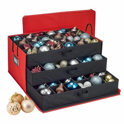 HOLDN STORAGE Christmas Ornament Storage Box with Dividers, Holds Up to 72 Ornaments (4 Inches), Large Organizer with 3 Stackable Trays - Red