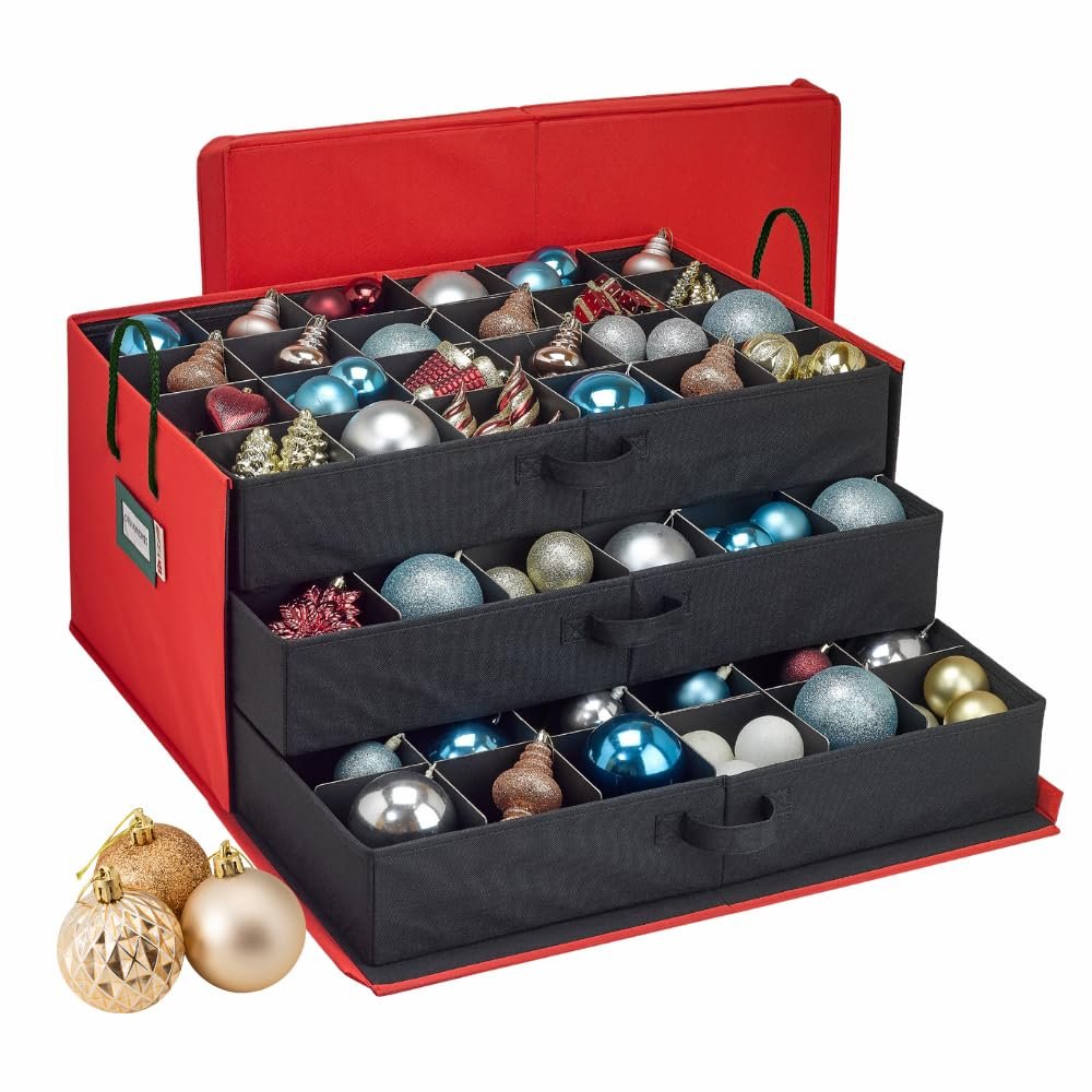 HOLDN STORAGE Christmas Ornament Storage Box with Dividers, Holds Up to 72 Ornaments (4 Inches), Large Organizer with 3 Stackable Trays - Red