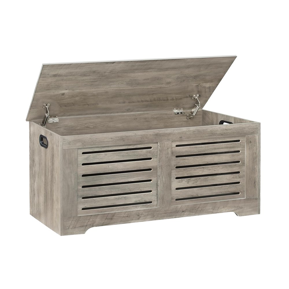 DINZI LVJ Storage Chest, Flip-Top Wooden Toy Box with 2 Safety Hinges, Entryway Shoe Storage Bench, Good Ventilation, Storage Trunk for Living Room, Bedroom, Easy Assembly, Gray Wash