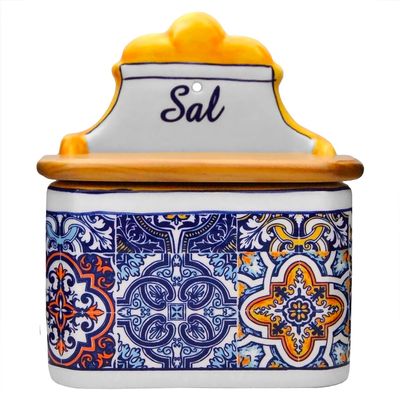 Alcoa Arte Portuguese Pottery Alcobaa Ceramic Decorative Salt Cellar with Lid for Kitchen (Yellow), 6inch x 4inch x 6.5inch h (L x W x H) (063)