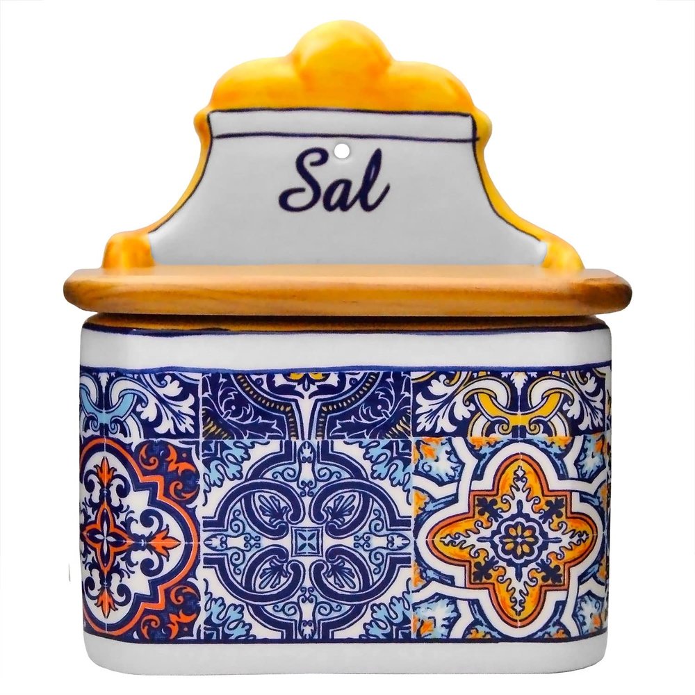 Alcoa Arte Portuguese Pottery Alcobaa Ceramic Decorative Salt Cellar with Lid for Kitchen (Yellow), 6inch x 4inch x 6.5inch h (L x W x H) (063)