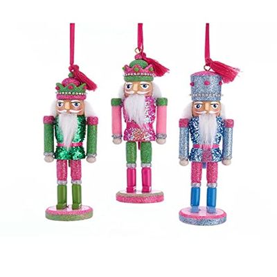 Kurt Adler Set of 3 Multi Bright Preppy Color Glitter 6'' Nutcracker Wooden Christmas Tree Ornaments Festive Decoration C4848, Multicolor, 6in