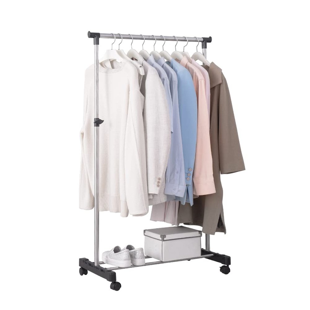 BAOYOUNI Single Rod Clothing Garment Rack on Wheels Metal Rolling Clothes Display Hanging Rail Coat Stand Storage Holder Organizer, Height Adjustable (Black)