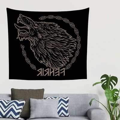 Diyhere Viking Wolf Tapestry Norse Mythology Wall Tapestry Runes Norse Decor Psychedelic Hippie Black Background Tapestry Room Decor for Bedroom Aesthetic 60 * 90 Ines