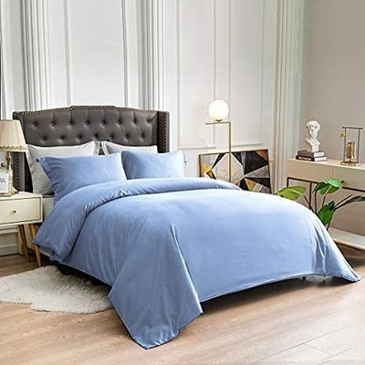 100% Cotton 4 Piece Button Closure Duvet Set 18" Deep Pocket, 800 Thread Count Cooling Comforter Cover Set, Soft Sateen Weave Queen Size Light Blue Duvet Cover Set