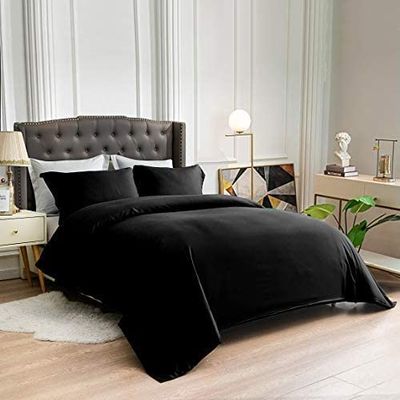 100% Cotton 4 Piece Button Closure Duvet Set 18" Deep Pocket, 800 Thread Count Cooling Comforter Cover Set, Soft Sateen Weave Twin Size Black Duvet Cover Set