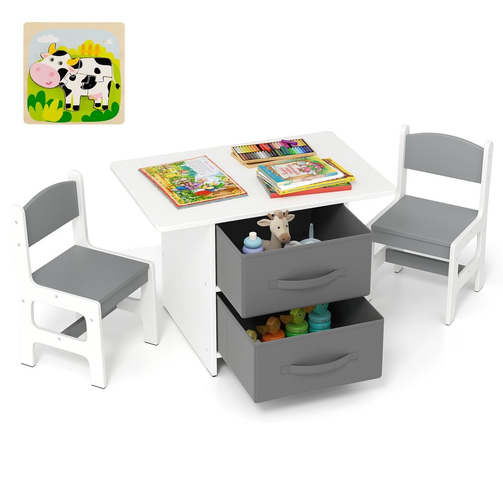 Costzon Kids Table and Chair Set, Wood Activity Table w/Toy Storage Baskets, Jigsaw Puzzle for Arts, Crafts, Reading, Children Playset Furniture for Preschool, Playroom, Toddler Table & Chair Set