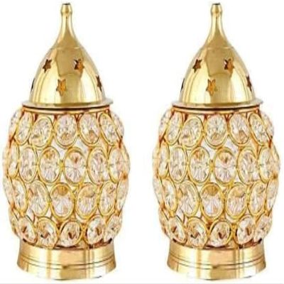 Golden Drops Set of 2 Akhand Jyot Brass Diya Lighting Lump Religious Item Diwali Durga Pooja Purpose Lamp with Borosilicate Glass Cover