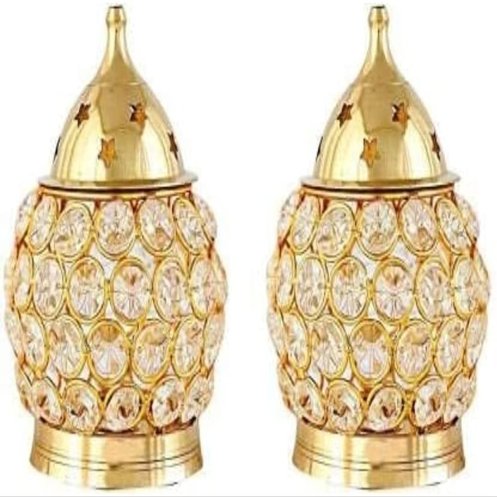 Golden Drops Set of 2 Akhand Jyot Brass Diya Lighting Lump Religious Item Diwali Durga Pooja Purpose Lamp with Borosilicate Glass Cover