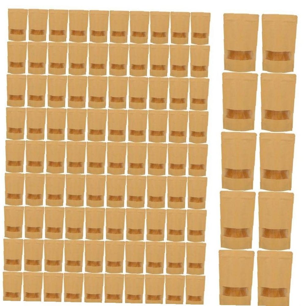 Froiny 100pcs Reusable Ziplock Bags Waterproof Brown Kraft Paper Stand Up Pouch with Transparent Window Food Storage Pouches