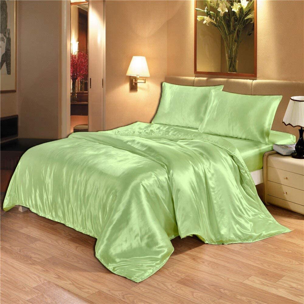 Kanak Bedding" 4 PCS Duvet Sheet Set, Supreme Quality Sexy Silky Satin,1 Large Size Double Heads Zipper Duvet Cover,1 Fitted Sheet 19to21 Deep, 2 Pillow case (Sage, Queen)