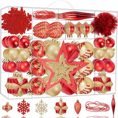 119 Pcs Christmas Ball Ornaments Set, Assorted Shatterproof Tree Ornaments with Reusable Hand-held Gift Package, Christmas Tree Decorations for Xmas Holiday Party - Red Gold