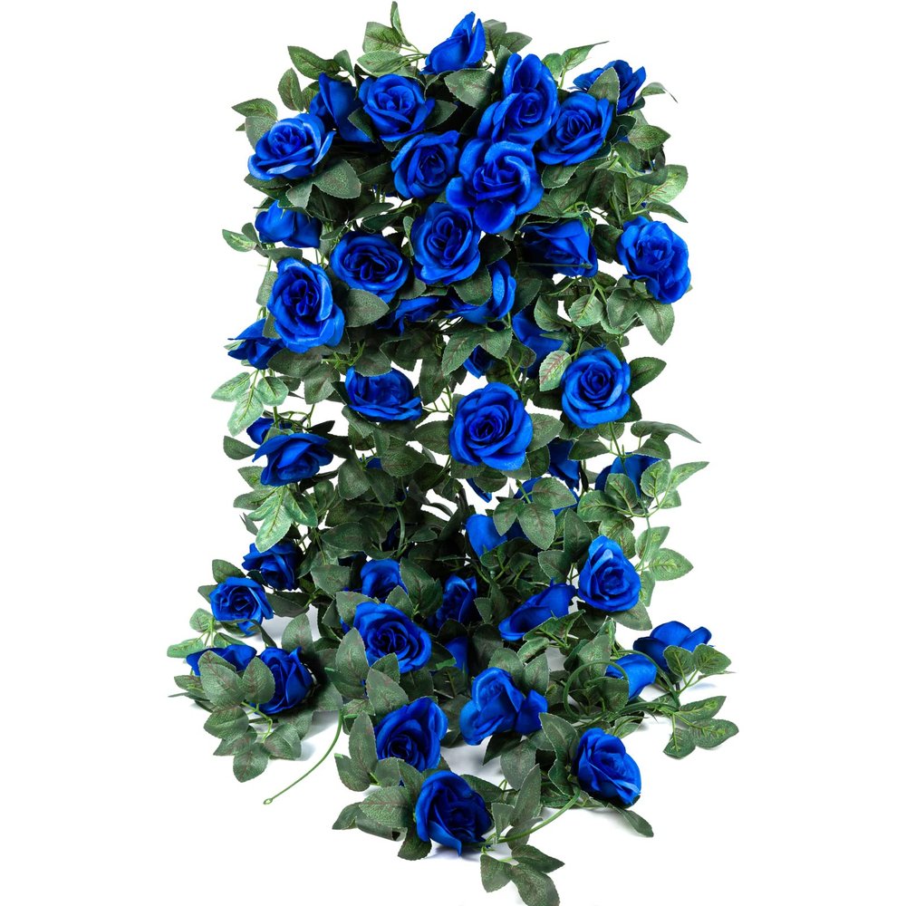 4 Pack (32FT) Artificial Rose Vine Fake Flowers Garland Hanging Silk Rose Ivy Plants Vine for Wedding Arch Party Garden Home Bedroom Office Wall Aesthetic Art Dcor (Royal Blue)