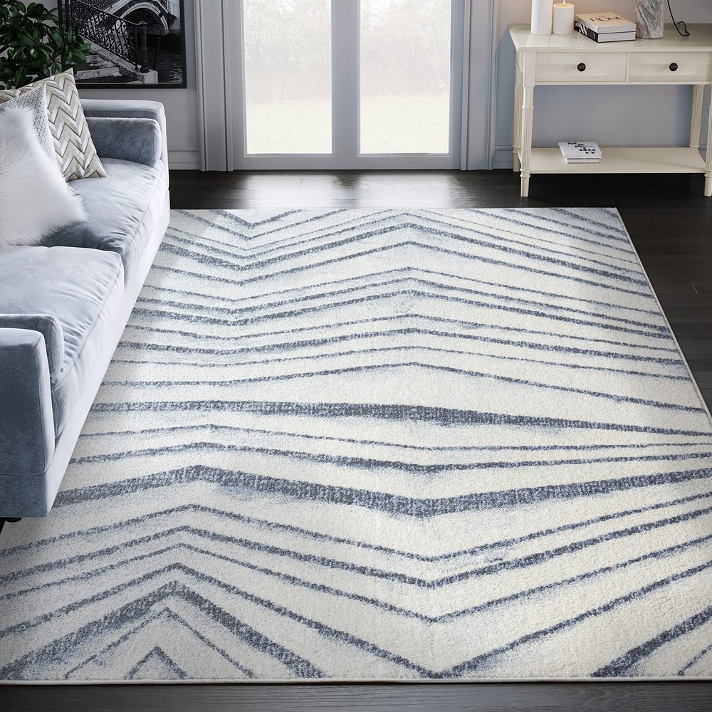 Abani Contemporary Linear Blue & Cream Dining Area Rug - Modern 7'9" x 10'2" (8x10) Geometric Design No-Shed Area Rug Rugs