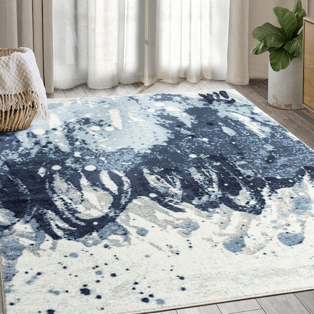 Abani Rugs 7'9" x 10'2" (8x10) Contemporary Blue Splash Distressed Area Rug - Modern Print Weathered Non-Shed Bedroom Rug