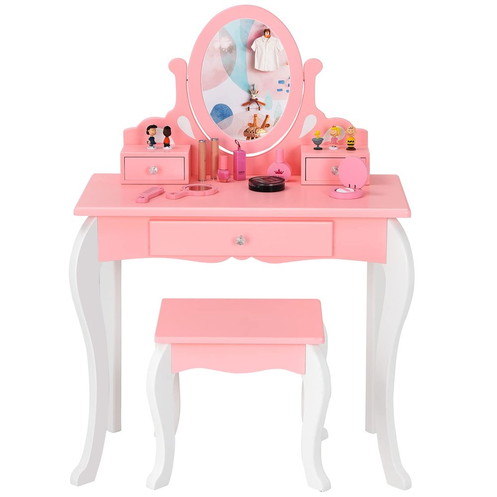Costzon Kids Vanity Set with Mirror, 2 in 1 Princess Makeup Dressing Table w/Detachable Top, Toddler Vanity with 360 Rotating Mirror, Drawers & Stool, Pretend Play Vanity Set for Little Girls, Pink