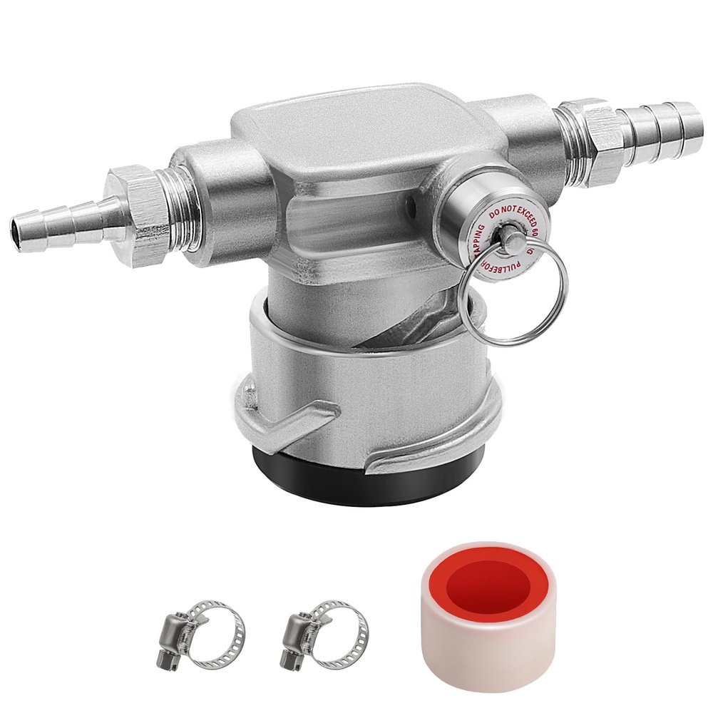 Dbgogo Low Profile Keg Coupler, 304 Stainless Steel D System Keg Coupler Space Saving Twist-Activated Homebrew Sankey Keg Tap with Safety Pressure Relief Valve and Connection Tape and Hose Clamp