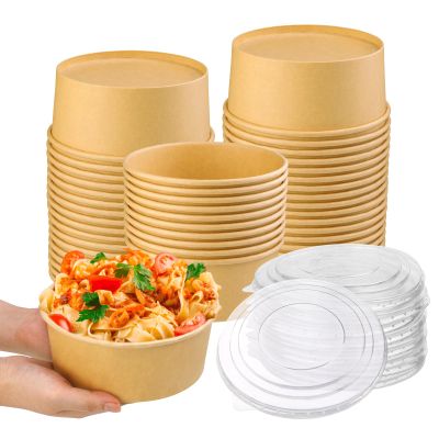 Huaiid 37 Oz Large Disposable Paper Bowls with Lid, 50 Pack Paper Salad Bowls, Kraft Food Container, Disposable Salad Containers for Hot/Cold Soup, Party Supplies