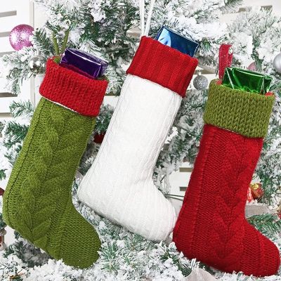 3Pcs Knit Christmas Stockings Xmas Solid Color Hanging Gift Bag Plush Decor Christmas Tree Topper Ornament Holiday Winter Decorations Party Home Shop Fireplace Green White Red