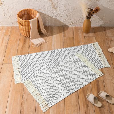 2 Pieces Cotton Area Rug (60x90cm+60x130cm) Modern Black and White Printed Rug with Tassels Machine Washable Modern Floor Carpet for Entryway Kitchen Living Room Bedroom,Style-2