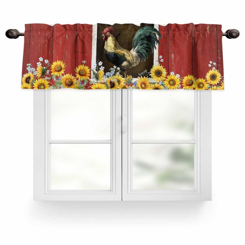 Rural Farm Rooster Head to Outside Curtain Valance for Windows/Living Room/Kitchen/Bathroom/Farmhouse, Sunflowers and Bees Red Barnyard Short Rod Pocket Tier Curtain Window Treatment, 1 Panel 54x18