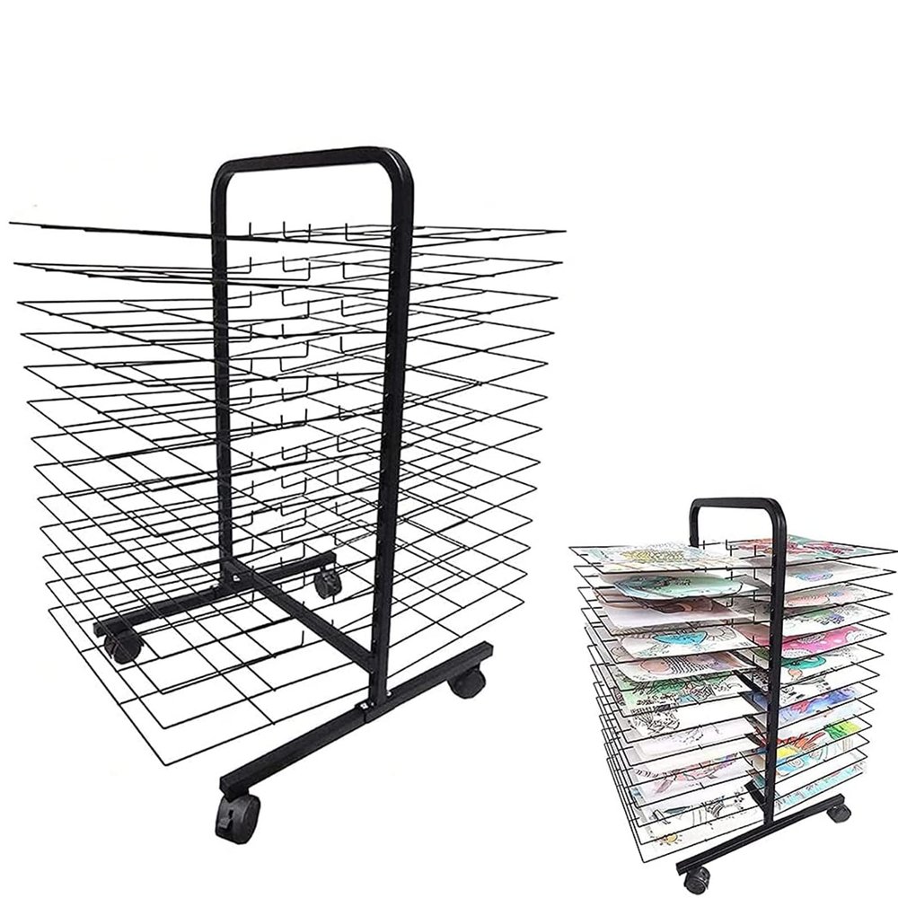 Drying Rack, Solid 26-Shelf Mobile Classrooms Drying Rack with Wire Shelves for Works of Art Studios and Home Use, Black Powder Coated Finish. Drying & Print Racks