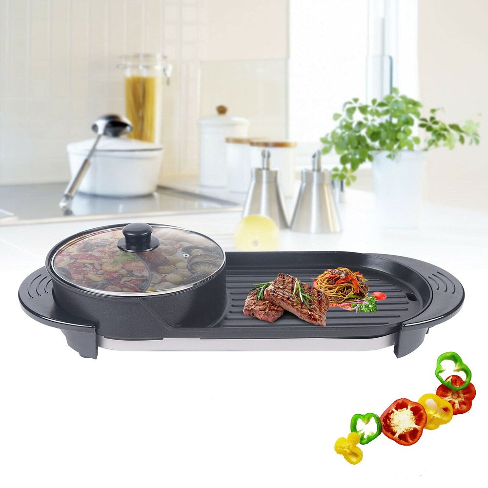 DENESTUS 2 In 1 Electric Pan Hot Pot BBQ Frying Cook Grill Kitchen Barbecue Machine 110V Multifunctional Teppanyaki Barbecue Set Indoor Large Capacity Non-Stick
