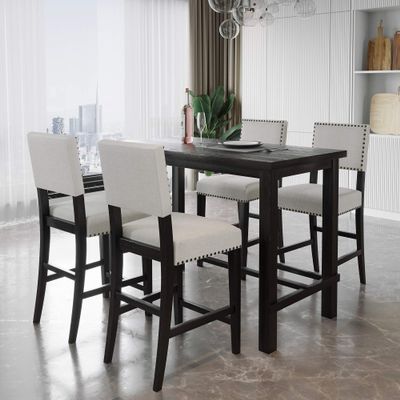 SOFTSEA 5 Piece Counter Height Dining Table Set, Wooden Kitchen Table Set with Classic Elegant Table and 4 Upholstered Chairs for Kitchen, Dining Room, Beige+Black