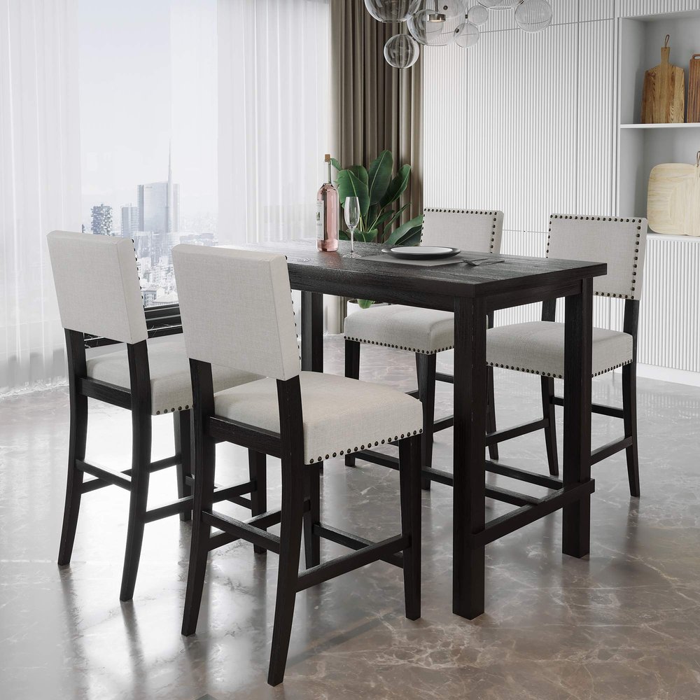SOFTSEA 5 Piece Counter Height Dining Table Set, Wooden Kitchen Table Set with Classic Elegant Table and 4 Upholstered Chairs for Kitchen, Dining Room, Beige+Black