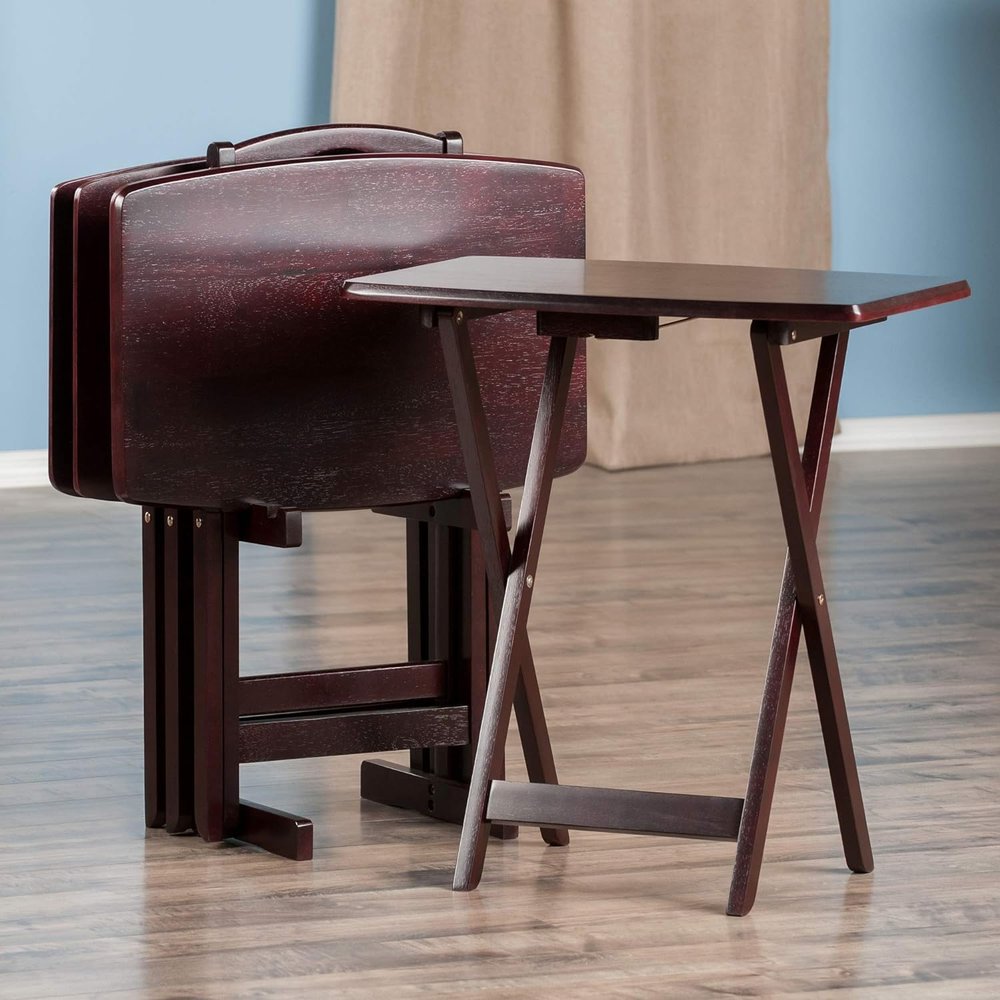 ADHW Living Room Table Set Brown Faux Marble 5pc Wood TV Tray Set Stand Folding Snack Table Dinner Portable