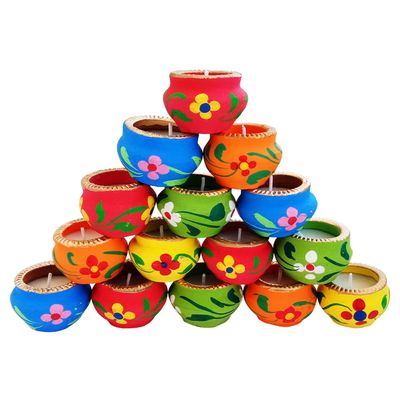 IndianEcraft Designer Mitti Wax Diyas for Diwali Decoration | Matki Diya with Wax Filled (Set of 15) - Multicolored