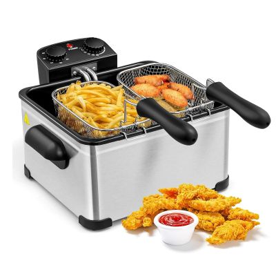 ARLIME Deep Fryer with 2 Baskets, 5.3 Qt/5L Electric Fryer with Adjustable Temperature & Timer, Removable Oil-Container & Lid w/View Window, Stainless Steel Large Deep Fryers for Home Use, Kitchen